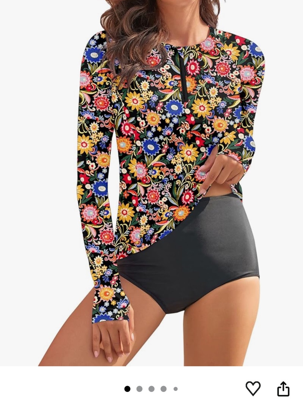 Woweny Floral Long Sleeve Rash Guard Top - Black Base with Multicolor Flowers